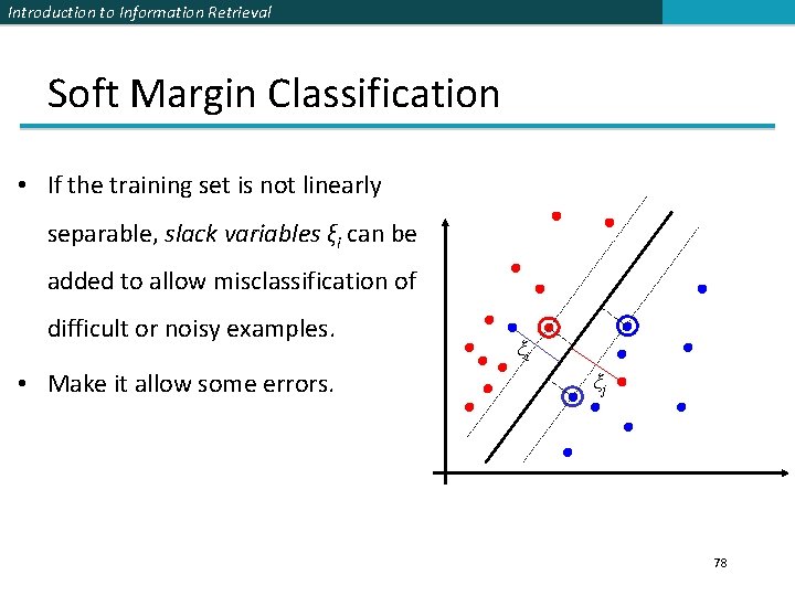 Introduction to Information Retrieval Soft Margin Classification • If the training set is not
