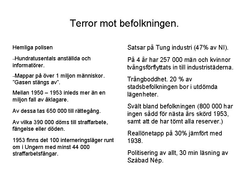 Terror mot befolkningen. Hemliga polisen –Hundratusentals Satsar på Tung industri (47% av NI). anställda