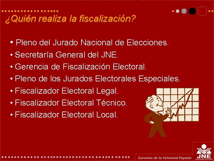 ¿Quién realiza la fiscalización? • Pleno del Jurado Nacional de Elecciones. • Secretaría General