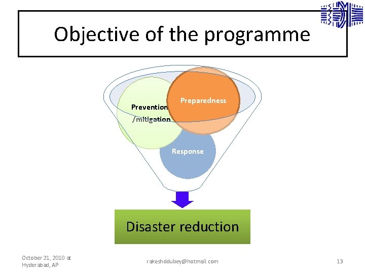 Objective of the programme Prevention/ /mitigation Preparedness Response Disaster reduction October 21, 2010 at