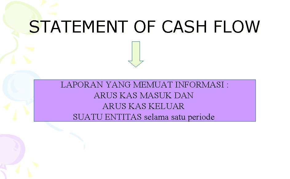 STATEMENT OF CASH FLOW LAPORAN YANG MEMUAT INFORMASI : ARUS KAS MASUK DAN ARUS
