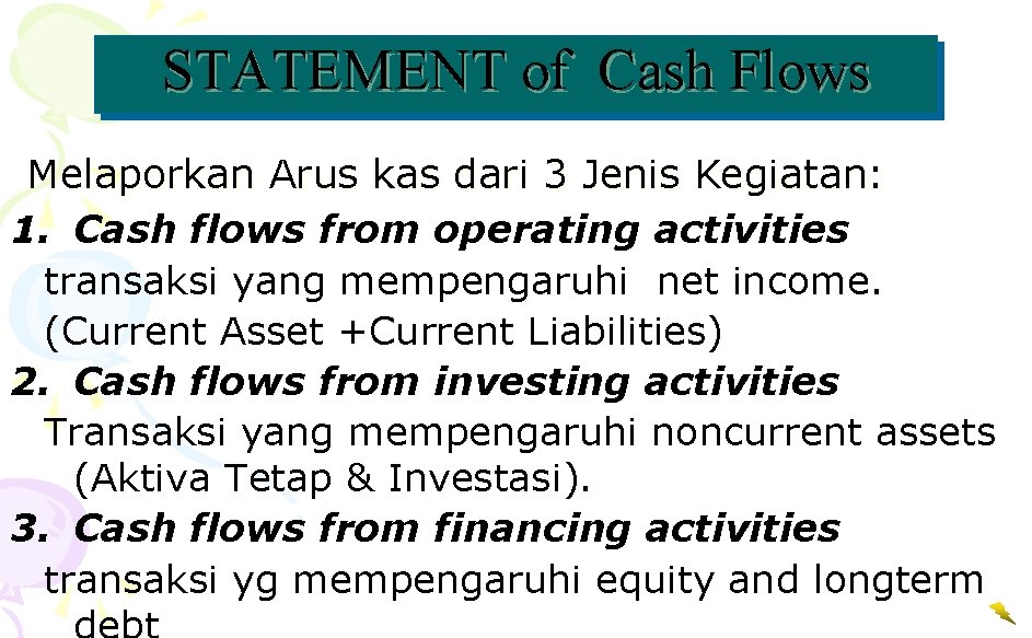 STATEMENT of Cash Flows Melaporkan Arus kas dari 3 Jenis Kegiatan: 1. Cash flows