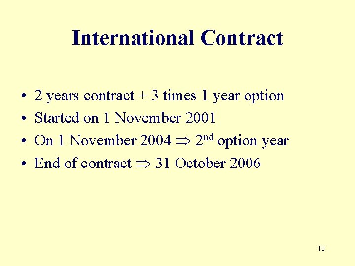 International Contract • • 2 years contract + 3 times 1 year option Started