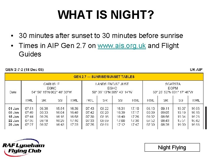 WHAT IS NIGHT? • 30 minutes after sunset to 30 minutes before sunrise •