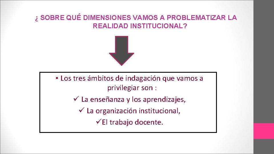 ¿ SOBRE QUÉ DIMENSIONES VAMOS A PROBLEMATIZAR LA REALIDAD INSTITUCIONAL? • Los tres ámbitos