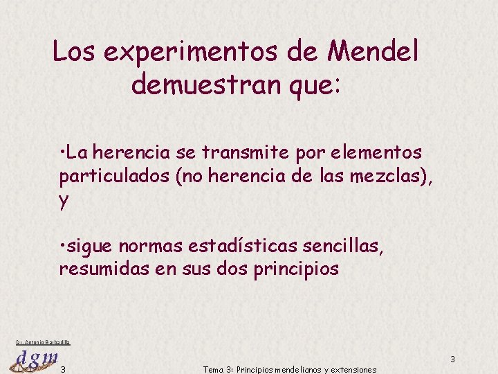 Los experimentos de Mendel demuestran que: • La herencia se transmite por elementos particulados Los experimentos de Mendel demuestran que: • La herencia se transmite por elementos particulados