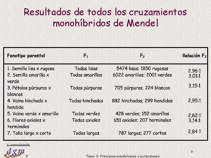Resultados de todos los cruzamientos monohíbridos de Mendel Dr. Antonio Barbadilla 9 Tema 3: Resultados de todos los cruzamientos monohíbridos de Mendel Dr. Antonio Barbadilla 9 Tema 3: