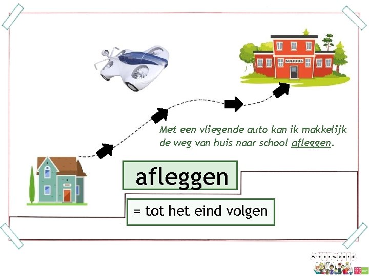 Met een vliegende auto kan ik makkelijk de weg van huis naar school afleggen Met een vliegende auto kan ik makkelijk de weg van huis naar school afleggen