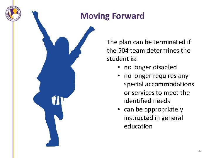 Moving Forward The plan can be terminated if the 504 team determines the student