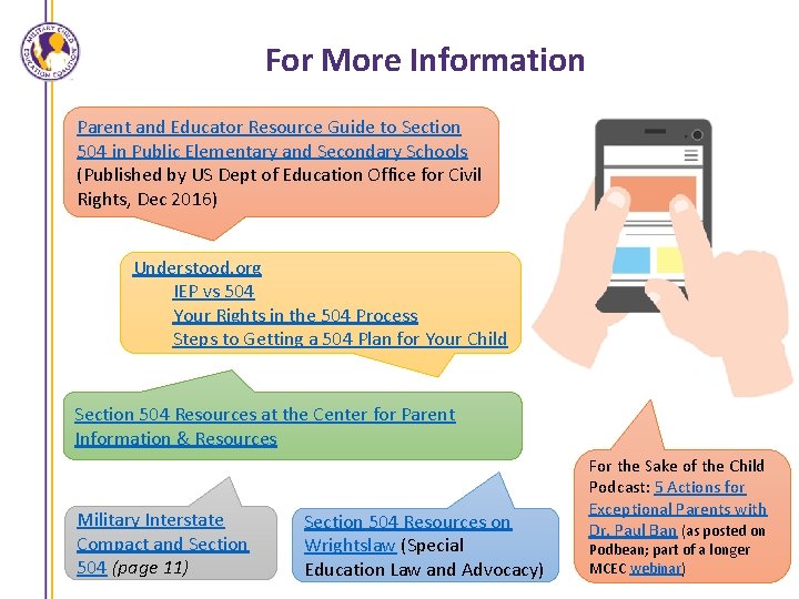 For More Information Parent and Educator Resource Guide to Section 504 in Public Elementary