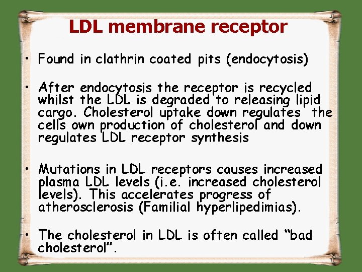 LDL membrane receptor • Found in clathrin coated pits (endocytosis) • After endocytosis the