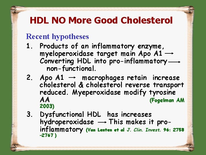 HDL NO More Good Cholesterol Recent hypotheses 1. Products of an inflammatory enzyme, myeloperoxidase