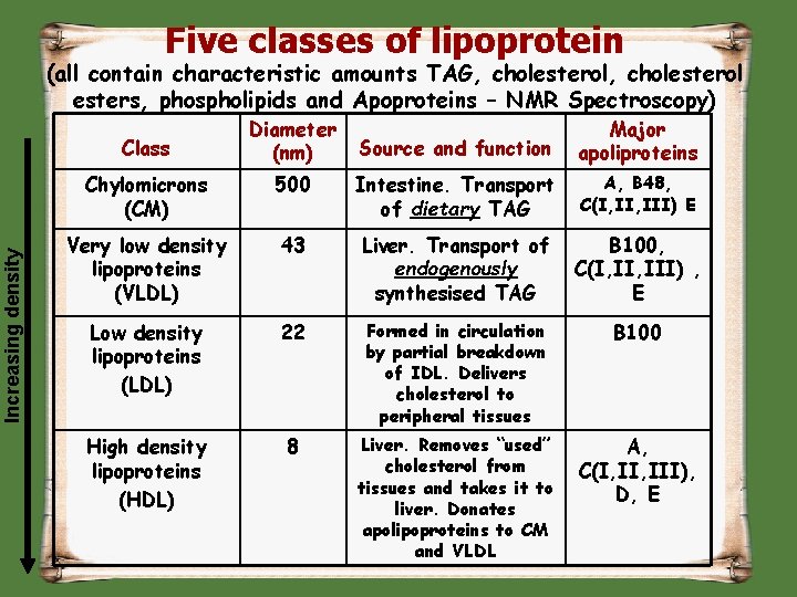 Five classes of lipoprotein (all contain characteristic amounts TAG, cholesterol esters, phospholipids and Apoproteins