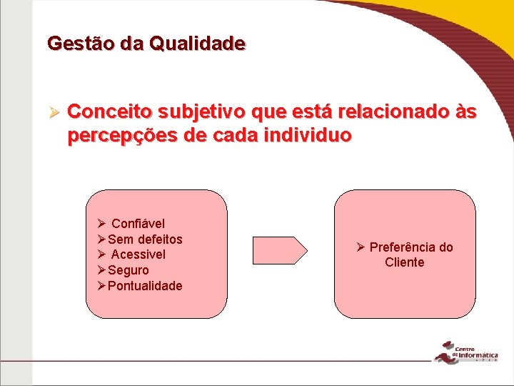 Gestão da Qualidade Ø Conceito subjetivo que está relacionado às percepções de cada individuo Gestão da Qualidade Ø Conceito subjetivo que está relacionado às percepções de cada individuo