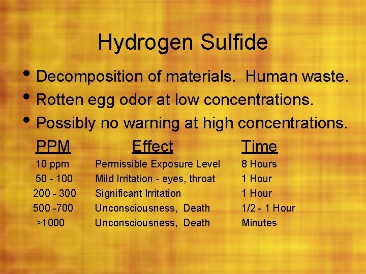 Hydrogen Sulfide • Decomposition of materials. Human waste. • Rotten egg odor at low