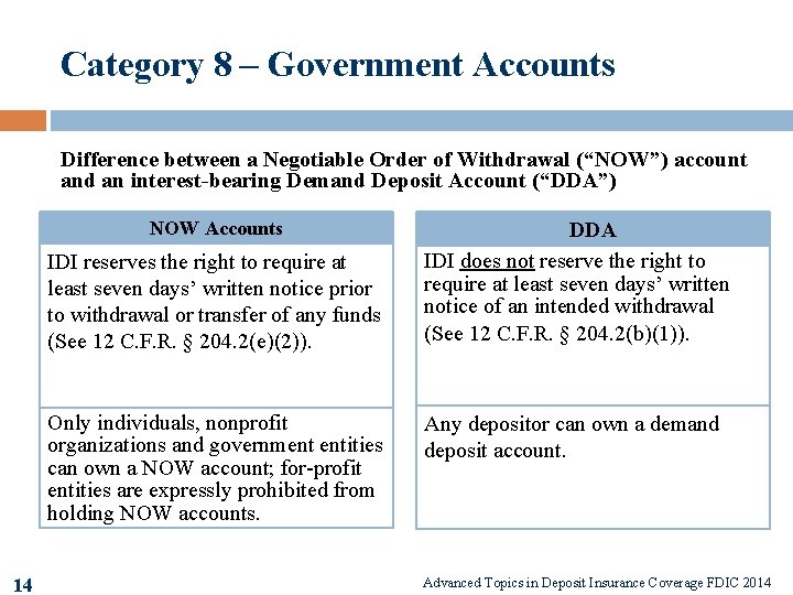 Category 8 – Government Accounts Difference between a Negotiable Order of Withdrawal (“NOW”) account