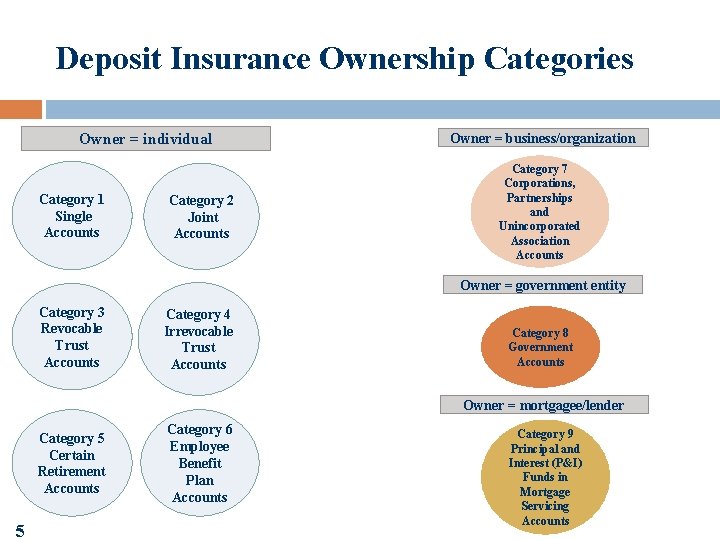 Deposit Insurance Ownership Categories Owner = individual Category 1 Single Accounts Category 2 Joint