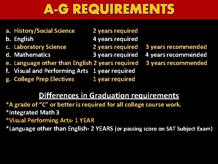 A-G REQUIREMENTS a. b. c. d. e. f. g. History/Social Science 2 years required