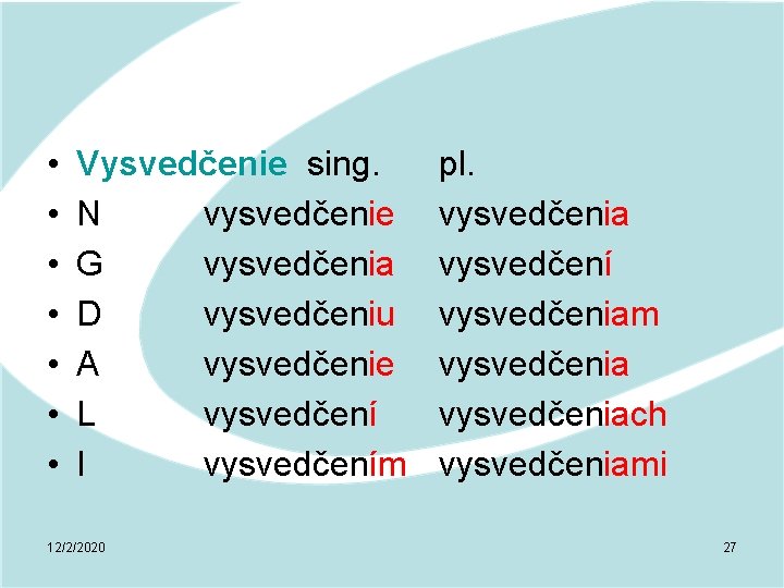  • • Vysvedčenie sing. N vysvedčenie G vysvedčenia D vysvedčeniu A vysvedčenie L