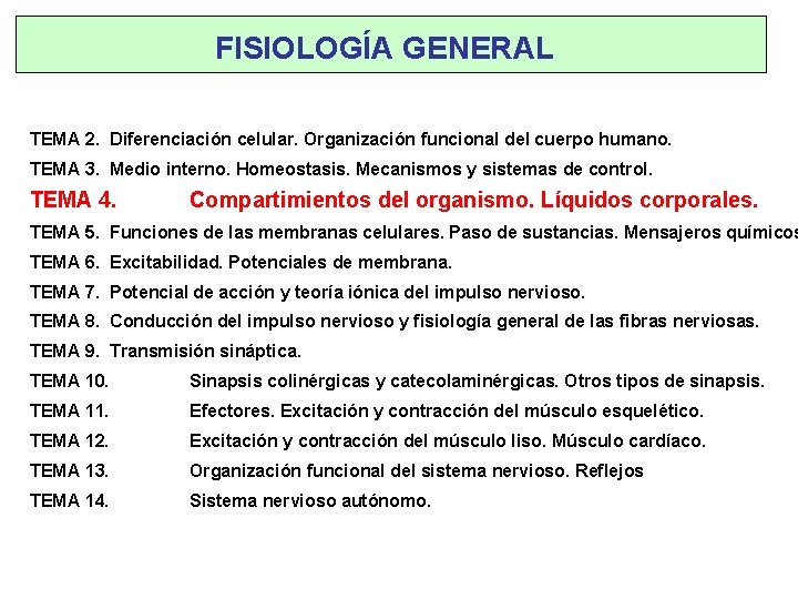 FISIOLOGÍA GENERAL TEMA 2. Diferenciación celular. Organización funcional del cuerpo humano. TEMA 3. Medio