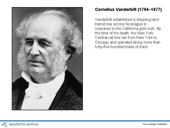 Cornelius Vanderbilt (1794– 1877) Vanderbilt established a shipping-land transit line across Nicaragua in response