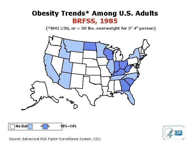 Obesity Trends* Among U. S. Adults BRFSS, 1985 (*BMI ≥ 30, or ~ 30