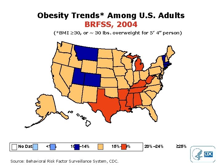 Obesity Trends* Among U. S. Adults BRFSS, 2004 (*BMI ≥ 30, or ~ 30