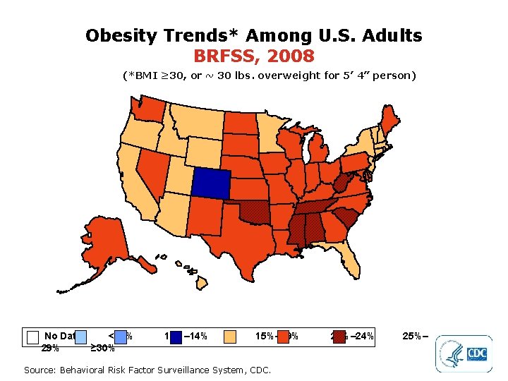 Obesity Trends* Among U. S. Adults BRFSS, 2008 (*BMI ≥ 30, or ~ 30