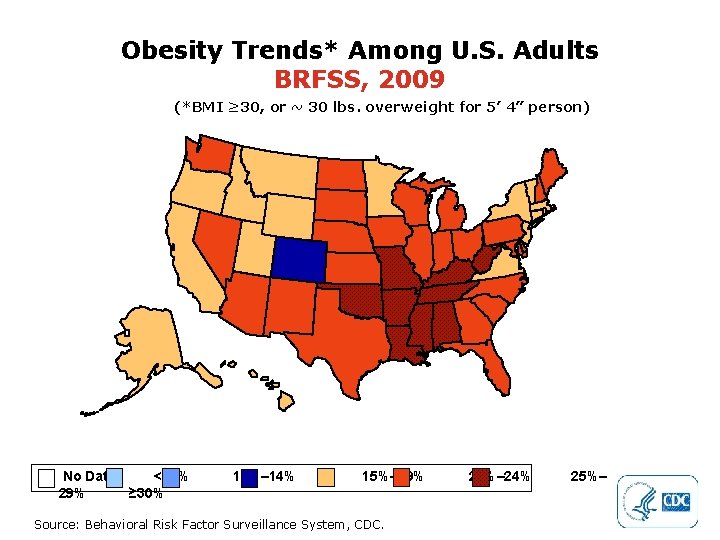 Obesity Trends* Among U. S. Adults BRFSS, 2009 (*BMI ≥ 30, or ~ 30