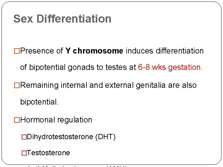 Sex Differentiation �Presence of Y chromosome induces differentiation of bipotential gonads to testes at