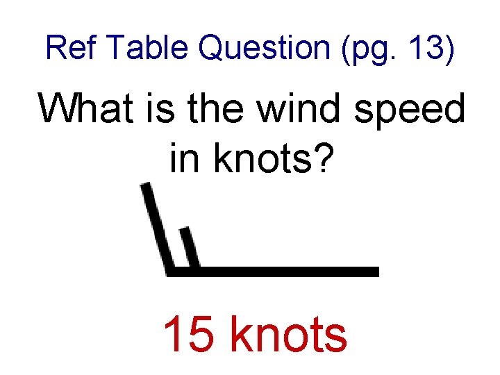 Ref Table Question (pg. 13) What is the wind speed in knots? 15 knots