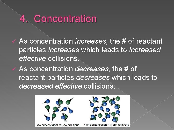 4. Concentration As concentration increases, the # of reactant particles increases which leads to