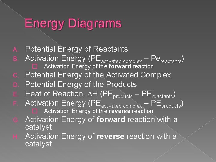 Energy Diagrams A. B. Potential Energy of Reactants Activation Energy (PEactivated complex – Pereactants)