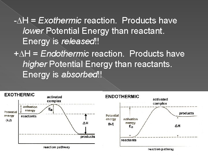 -∆H = Exothermic reaction. Products have lower Potential Energy than reactant. Energy is released!!