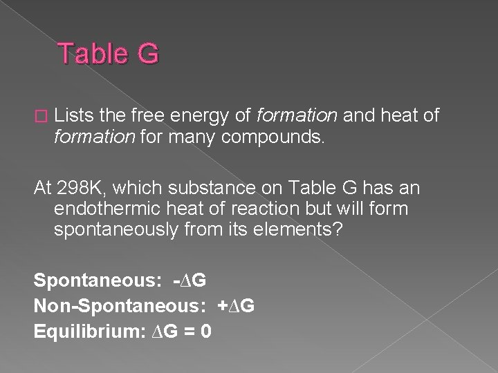 Table G � Lists the free energy of formation and heat of formation for