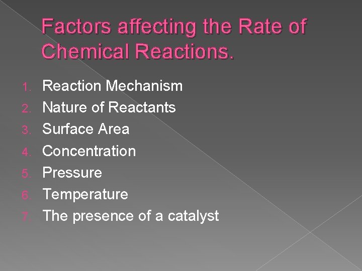 Factors affecting the Rate of Chemical Reactions. 1. 2. 3. 4. 5. 6. 7.