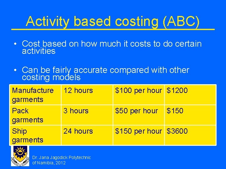 Activity based costing (ABC) • Cost based on how much it costs to do Activity based costing (ABC) • Cost based on how much it costs to do