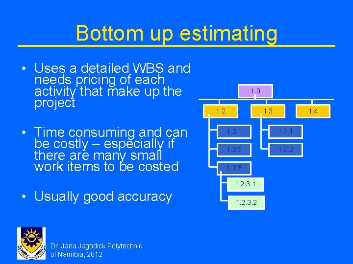 Bottom up estimating • Uses a detailed WBS and needs pricing of each activity