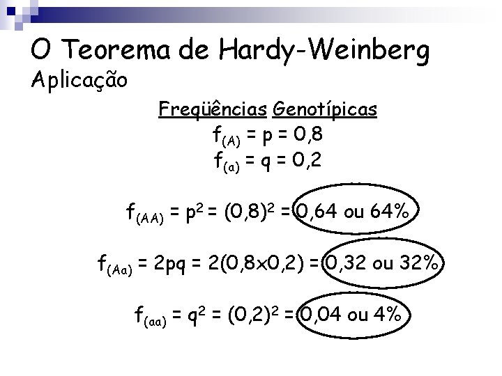 O Teorema de Hardy-Weinberg Aplicação Freqüências Genotípicas f(A) = p = 0, 8 f(a)