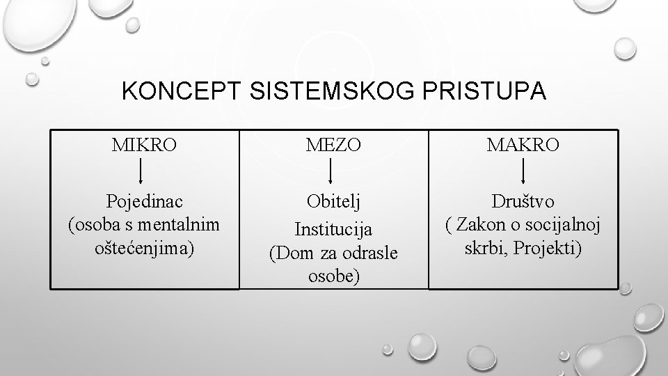 KONCEPT SISTEMSKOG PRISTUPA MIKRO MEZO MAKRO Pojedinac (osoba s mentalnim oštećenjima) Obitelj Institucija (Dom KONCEPT SISTEMSKOG PRISTUPA MIKRO MEZO MAKRO Pojedinac (osoba s mentalnim oštećenjima) Obitelj Institucija (Dom