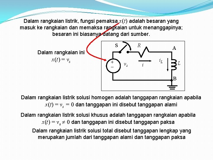 Dalam rangkaian listrik, fungsi pemaksa x(t) adalah besaran yang masuk ke rangkaian dan memaksa Dalam rangkaian listrik, fungsi pemaksa x(t) adalah besaran yang masuk ke rangkaian dan memaksa