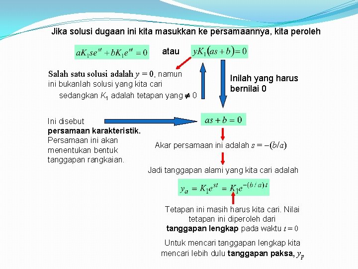 Jika solusi dugaan ini kita masukkan ke persamaannya, kita peroleh atau Salah satu solusi Jika solusi dugaan ini kita masukkan ke persamaannya, kita peroleh atau Salah satu solusi