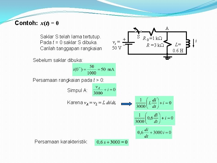 Contoh: x(t) = 0 A Saklar S telah lama tertutup. Pada t = 0 Contoh: x(t) = 0 A Saklar S telah lama tertutup. Pada t = 0