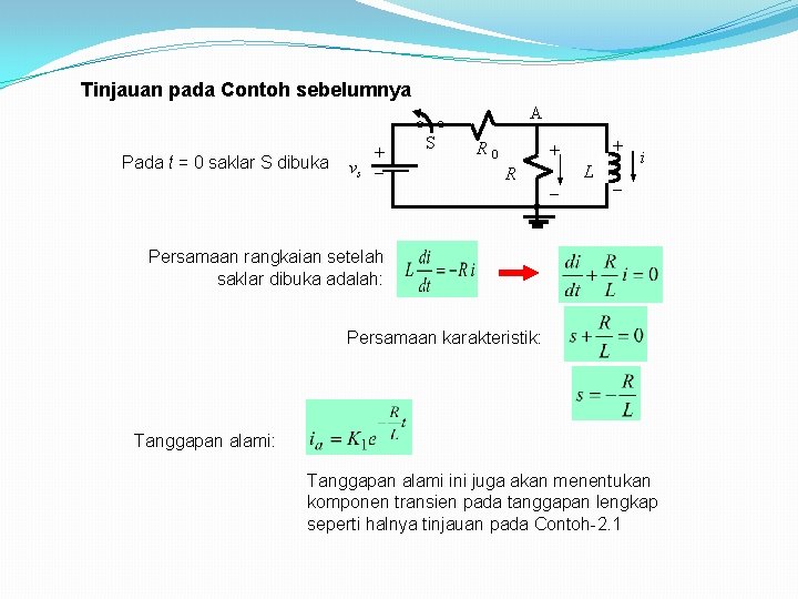 Tinjauan pada Contoh sebelumnya A Pada t = 0 saklar S dibuka + vs Tinjauan pada Contoh sebelumnya A Pada t = 0 saklar S dibuka + vs