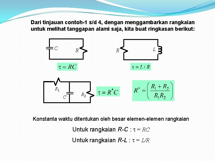 Dari tinjauan contoh-1 s/d 4, dengan menggambarkan rangkaian untuk melihat tanggapan alami saja, kita Dari tinjauan contoh-1 s/d 4, dengan menggambarkan rangkaian untuk melihat tanggapan alami saja, kita