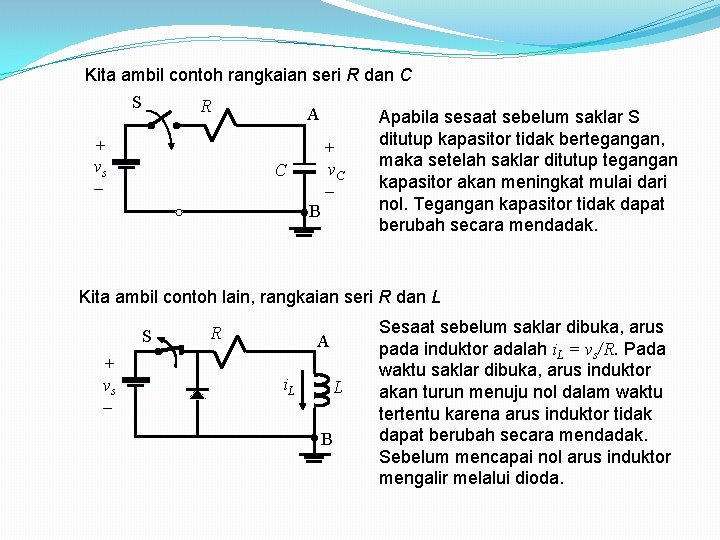 Kita ambil contoh rangkaian seri R dan C S R + vs A + Kita ambil contoh rangkaian seri R dan C S R + vs A +