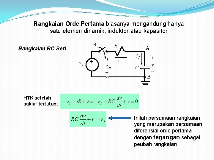 Rangkaian Orde Pertama biasanya mengandung hanya satu elemen dinamik, induktor atau kapasitor S Rangkaian Rangkaian Orde Pertama biasanya mengandung hanya satu elemen dinamik, induktor atau kapasitor S Rangkaian