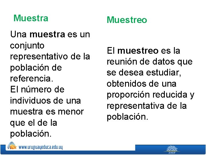 Muestra Una muestra es un conjunto representativo de la población de referencia. El número