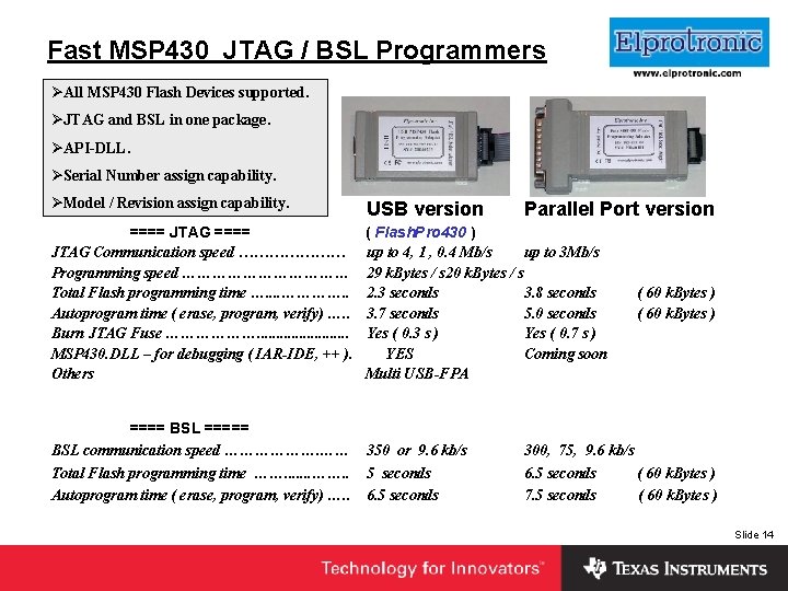 Fast MSP 430 JTAG / BSL Programmers ØAll MSP 430 Flash Devices supported. Insert