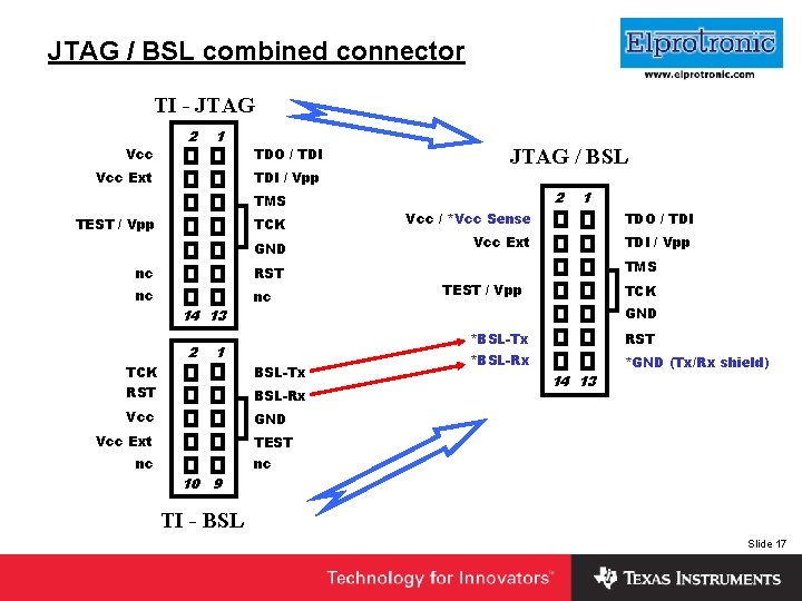 Insert Company Logo Here JTAG / BSL combined connector TI - JTAG Vcc 2
